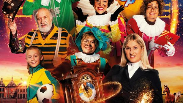 Das Filmplakat für „De Club van Sinterklaas en de Race Tegen de Klok“ zeigt Sinterklaas und seine Helfer.