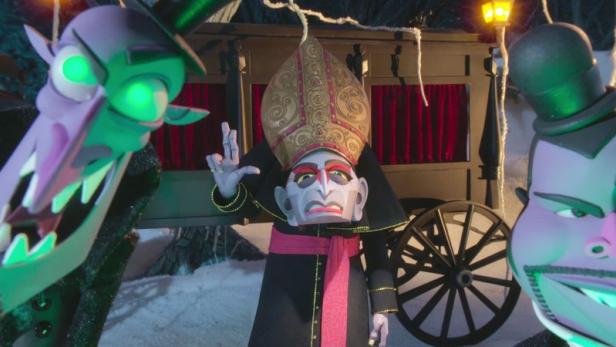 Szene mit animierten Figuren aus dem Film „Wendell & Wild“.