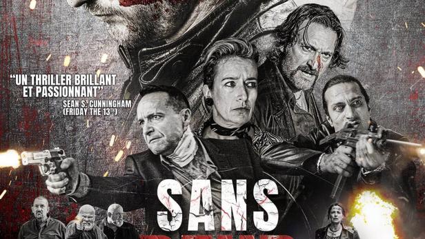 Das Filmplakat für „Sans Peur (Roads of Fear)“ zeigt bewaffnete Charaktere in einer düsteren Umgebung.
