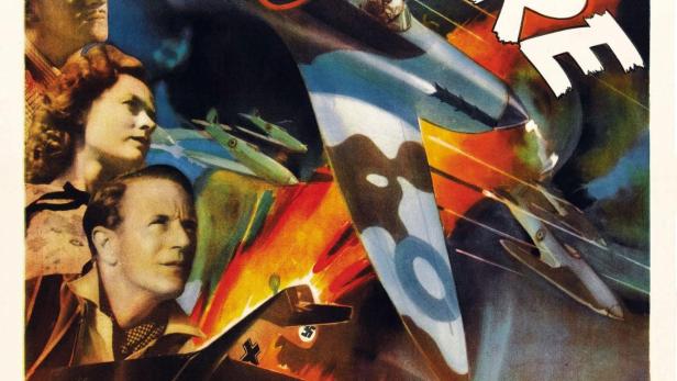 Das Filmplakat für „Spitfire“ zeigt Kampfflugzeuge und die Schauspieler Leslie Howard und David Niven.