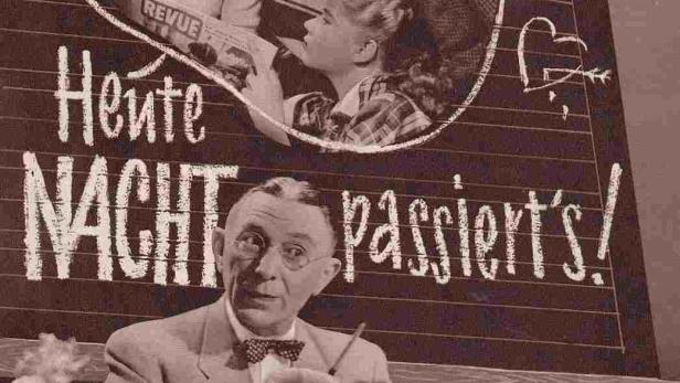 Ein Filmposter für „Heute Nacht passiert's!“ mit einem Lehrer vor einer Tafel.