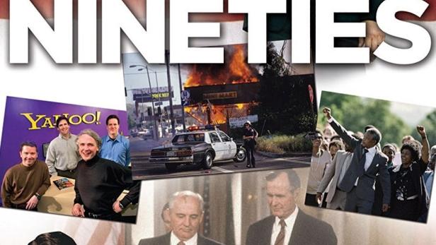 Ein Collagenbild, das verschiedene Ereignisse und Persönlichkeiten der 1990er Jahre darstellt.