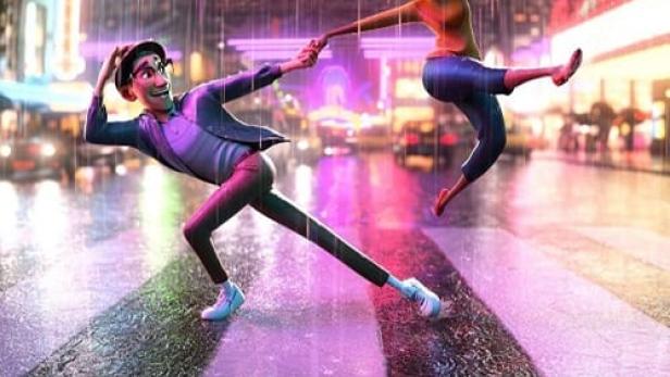 Zwei animierte Figuren tanzen im Regen in einer belebten Stadt.