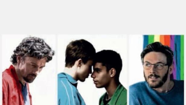 Das Filmplakat für „Fiertés“ zeigt drei Männer und den Regenbogen-Schriftzug des Titels.