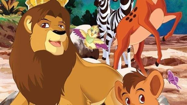 Zeichentrickbild mit dem Löwen Simba, einem Reh, Zebras und einem kleinen gelben Vogel.