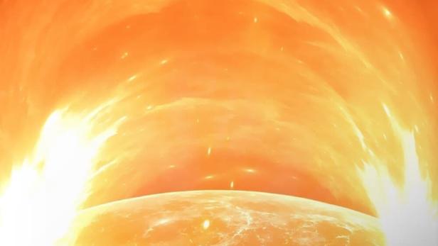 Das Filmplakat für „Tempêtes Solaires: Une Mystérieuse Menace“ zeigt eine orangefarbene Sonne.