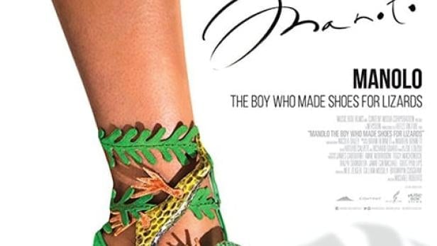 Das Poster für den Dokumentarfilm „Manolo: The Boy Who Made Shoes for Lizards“ zeigt einen grünen High Heel mit Echsenverzierungen.