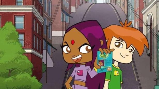 Das animierte Logo von „Sally Bollywood“ mit den beiden Hauptfiguren im Vordergrund.