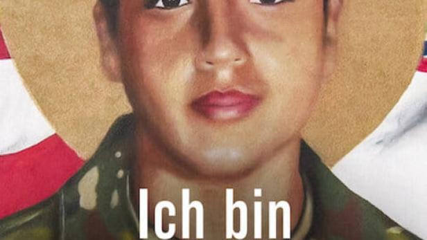 Gemälde von Vanessa Guillen in Uniform vor einem Heiligenschein und einer Flagge.