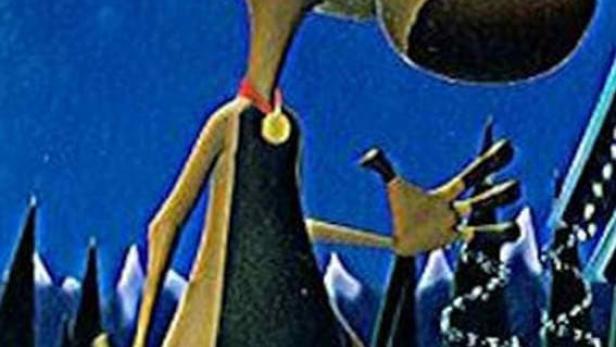 Eine stilisierte Darstellung des Rentiers Donner vor einem weihnachtlichen Hintergrund.