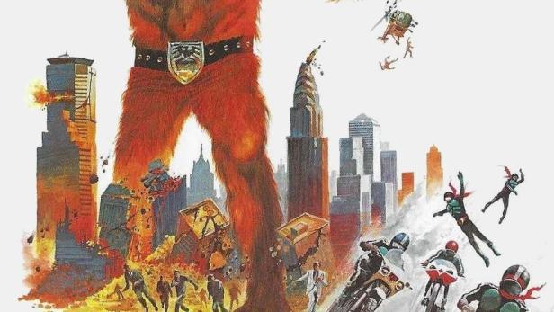 Ein riesiges Monster im Kung-Fu-Stil greift eine Stadt an, während Motorradfahrer angreifen.