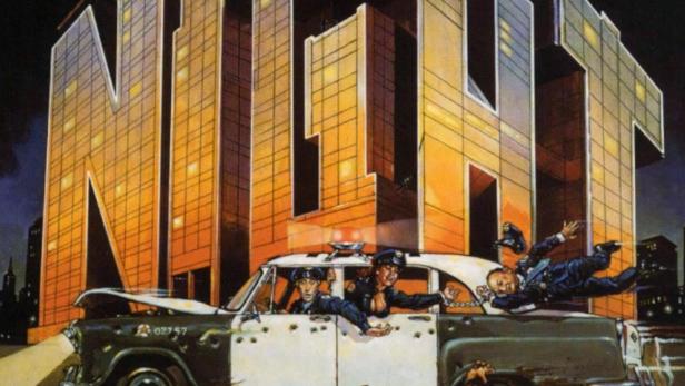 Das Filmplakat für „Night Patrol“ zeigt Polizisten in einem beschossenen Auto vor Wolkenkratzern.