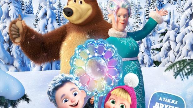 Das Filmplakat für „Mascha und der Bär: 12 Monate“ zeigt die animierten Charaktere in einer Winterlandschaft.