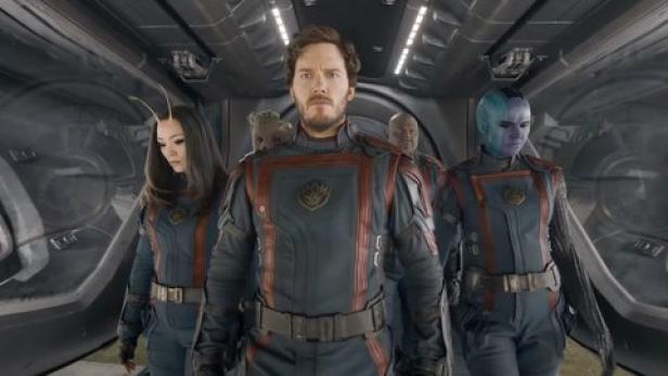 Pom Klementieff (Mantis), Chris Pratt (Peter Quill), Karen Gillan (Nebula) in "Guardians of the Galaxy Vol. 3"