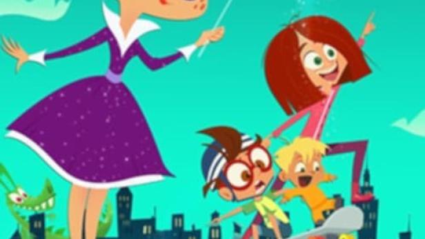 Das animierte Poster für „Miss Moon“ zeigt Miss Moon mit Kindern und einem grünen Monster vor einer Stadtkulisse.