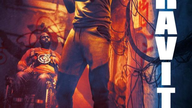Ein Mann hält einen Baseballschläger auf dem Filmplakat zu „La Gravité“.