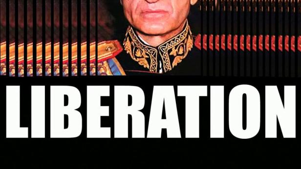 Ein Porträt des Schahs von Persien vor dem Hintergrund des Wortes „Liberation“.