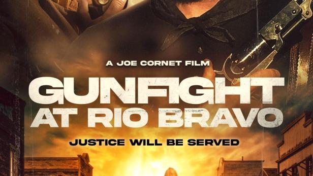 Das Filmplakat für „Gunfight at Rio Bravo“ zeigt Alexander Nevsky und andere bewaffnete Männer.