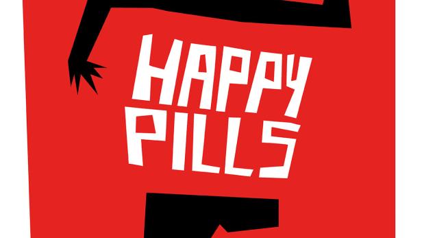 Eine stilisierte Figur wirft eine Pille in die Luft; im Vordergrund steht „Happy Pills“.