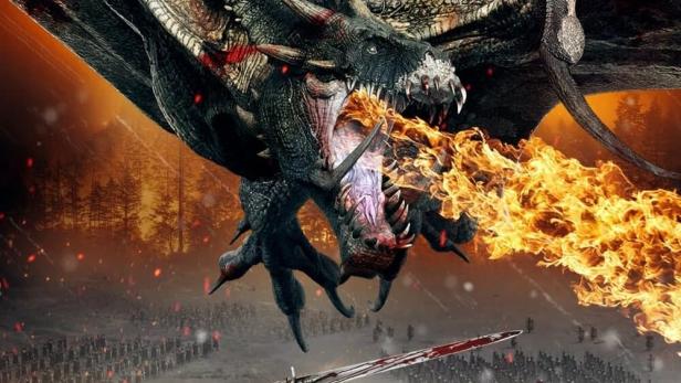 Ein Drache speit Feuer auf eine Armee in dem Film „Dragon Knight“.