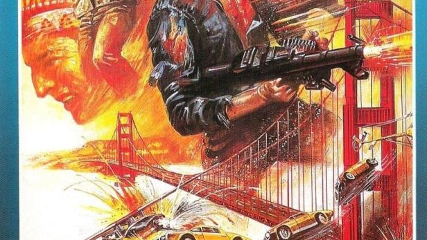 Das Filmplakat für „Hard Justice“ zeigt zwei bewaffnete Männer vor der Golden Gate Bridge und explodierenden Autos.