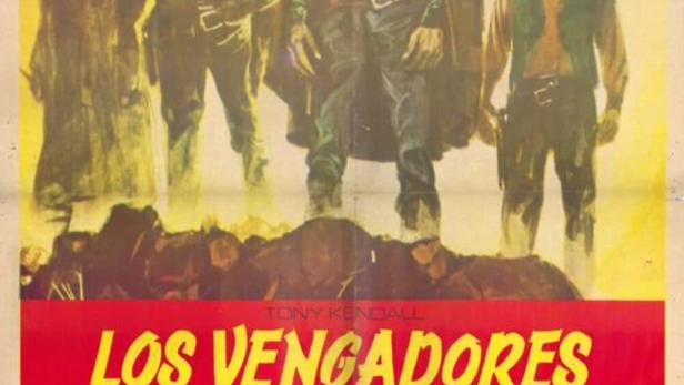 Das Filmplakat für „Los Vengadores del Ave Maria“ zeigt vier bewaffnete Männer im Wilden Westen.