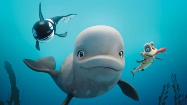 Das Filmplakat für „Katak, der mutige Beluga“ zeigt animierte Meeresbewohner.