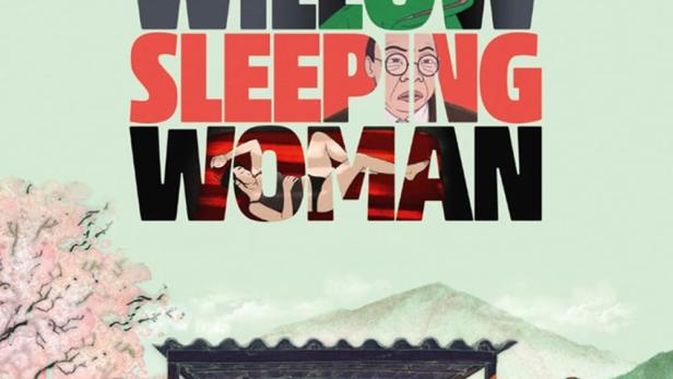 Das animierte Filmposter für „Blind Willow Sleeping Woman“ zeigt zwei Männer an einer Bushaltestelle.