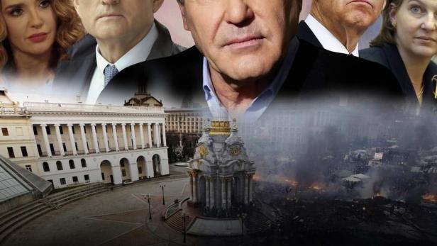Das Filmplakat für „Revealing Ukraine“ zeigt Oliver Stone, Viktor Medwedtschuk, Wladimir Putin und Oksana Martschenko.