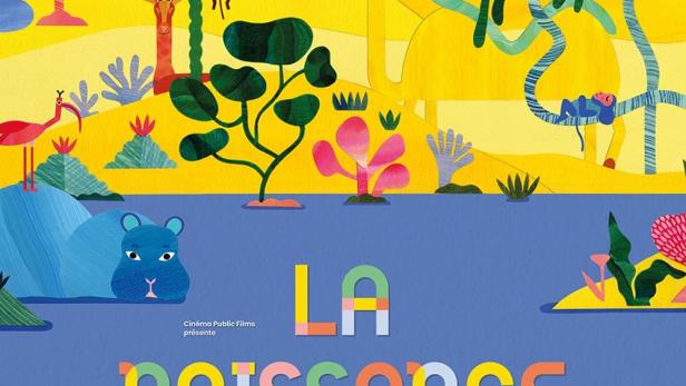 Ein farbenfrohes, illustratives Poster für „La Naissance des Oasis“ mit stilisierten Tieren und Pflanzen.