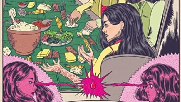 Das Filmplakat für „Bawang Merah Bawang Putih“ von Andrea Nirmala Widjajanto zeigt Frauen beim Essen und zwei Mädchen mit Laseraugen.