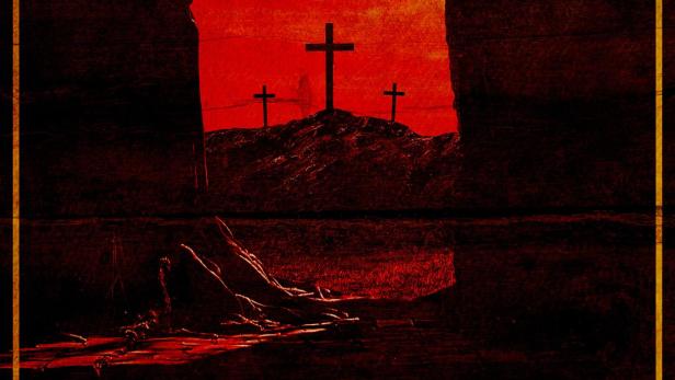 Das rote Filmposter für „Peacemaker“ zeigt Kreuze auf einem Hügel und einen dunklen Himmel.