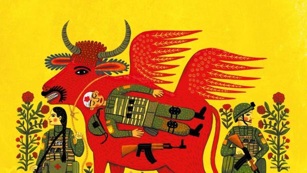 Das Filmplakat für „Eastern Front“ zeigt stilisierte Soldaten und einen geflügelten roten Ochsen.