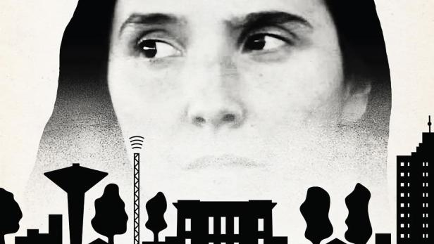 Ein Porträt einer Frau über einer Silhouette der Stadt Trenque Lauquen.