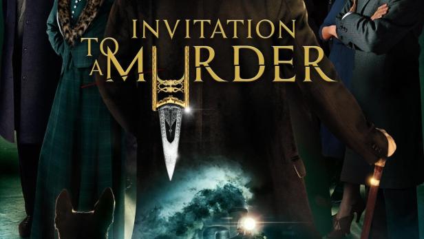 Das Filmplakat für „Invitation to a Murder“ zeigt eine Gruppe von Verdächtigen vor einem Herrenhaus und einem Zug.
