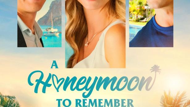 Das Filmplakat für „A Honeymoon to Remember“ zeigt drei Personen vor einer tropischen Kulisse.