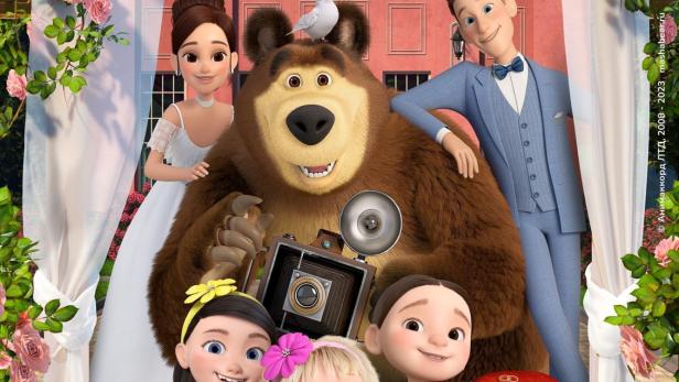Das Filmplakat zu „Masha und der Bär“ zeigt die Charaktere in Hochzeitskleidung.