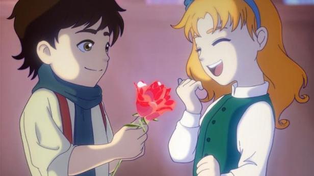 Ein Junge überreicht einem Mädchen eine rote Rose vor dem Hintergrund des Filmtitels „The Glassworker“.