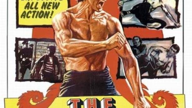 Das Filmplakat für „The Steel Fisted Dragon“ zeigt einen muskulösen Mann vor einem roten Drachen.