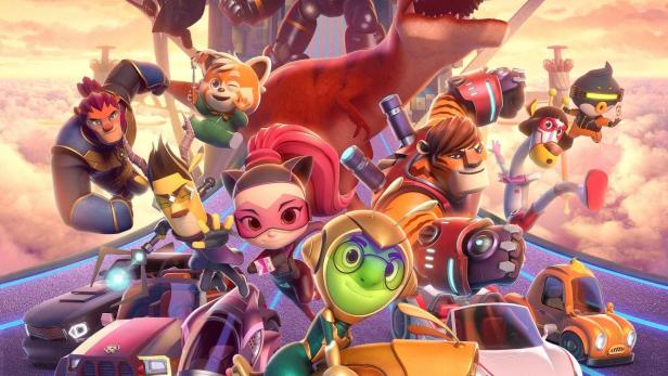 Das animierte Poster für „Running Man: Revengers“ zeigt eine Gruppe von Charakteren und Fahrzeugen vor einer futuristischen Stadt.