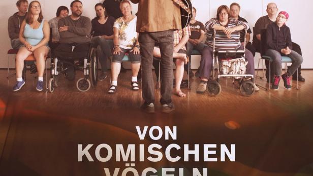 Ein Mann mit Gitarre steht vor einer Gruppe sitzender Menschen, Plakat für den Film „Von komischen Vögeln“.