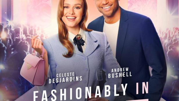 Die Schauspieler Celeste Desjardins und Andrew Bushell auf dem Filmplakat zu „Fashionably in Love“.