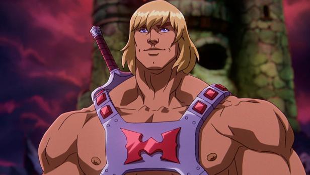 He-Man, der muskulöse Held aus „Masters of the Universe“, vor Schloss Grayskull.