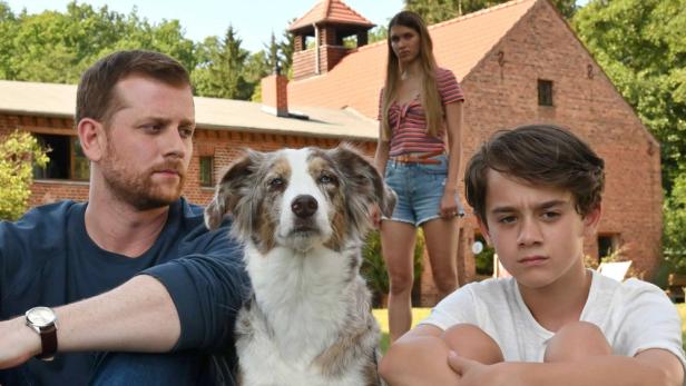 Ein Mann, ein Junge, eine junge Frau und ein Hund sitzen vor einem Backsteingebäude.