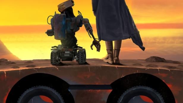 Ein Roboter und eine Frau stehen vor einer orangefarbenen Sonne, vermutlich ein Filmposter.