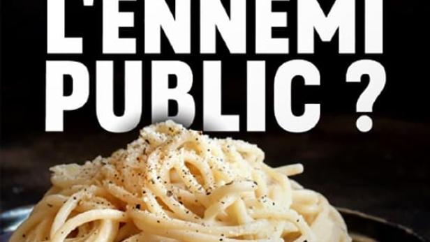 Das ARTE-Plakat zeigt eine Nahaufnahme von Spaghetti und die Frage: „Gluten, der öffentliche Feind?“.