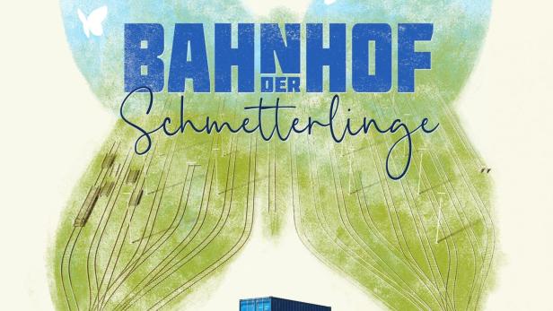 Das Filmplakat für „Bahnhof der Schmetterlinge“ zeigt stilisierte Bahngleise und Schmetterlinge.