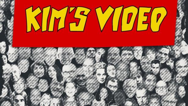 Eine Collage von Schwarz-Weiß-Porträts mit dem Schriftzug „Kim's Video“ auf einem roten Banner.