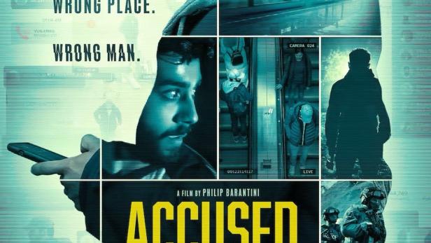 Das Filmplakat für „Accused“ zeigt einen jungen Mann im Fadenkreuz von Überwachungskameras.