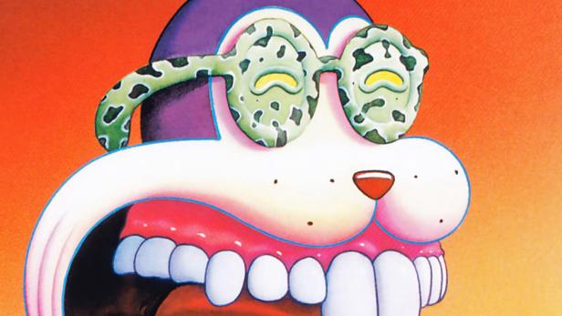 Das Cover von „The Illumination of Jim Woodring“ zeigt eine Cartoon-Figur mit übergroßen Zähnen und einer Brille.